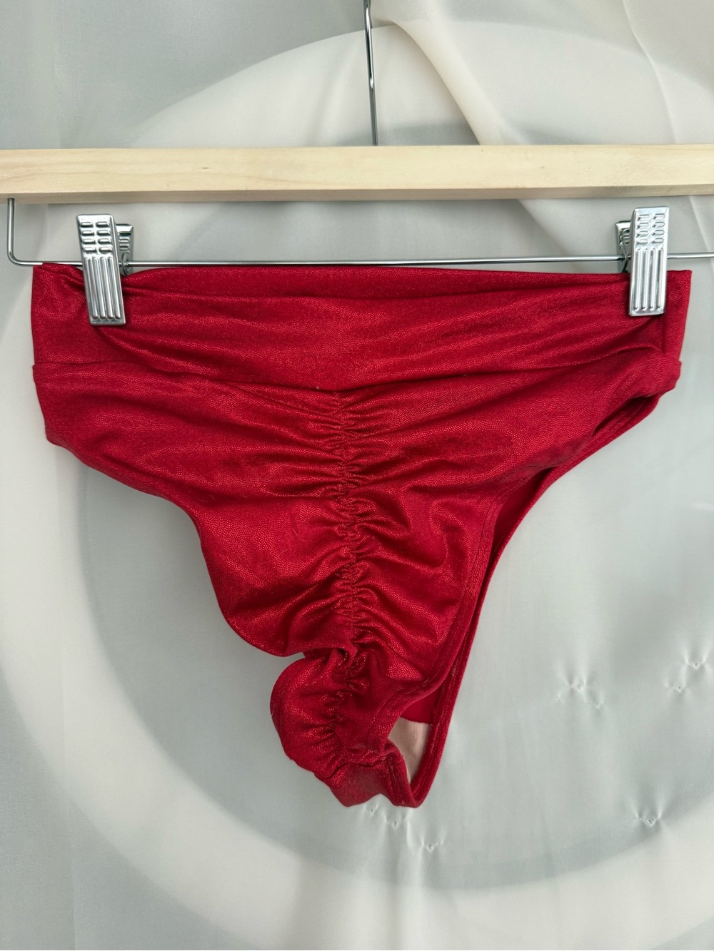 Femme Jolie Red Shimmer Ruched Bikini Bottoms - High Waisted
